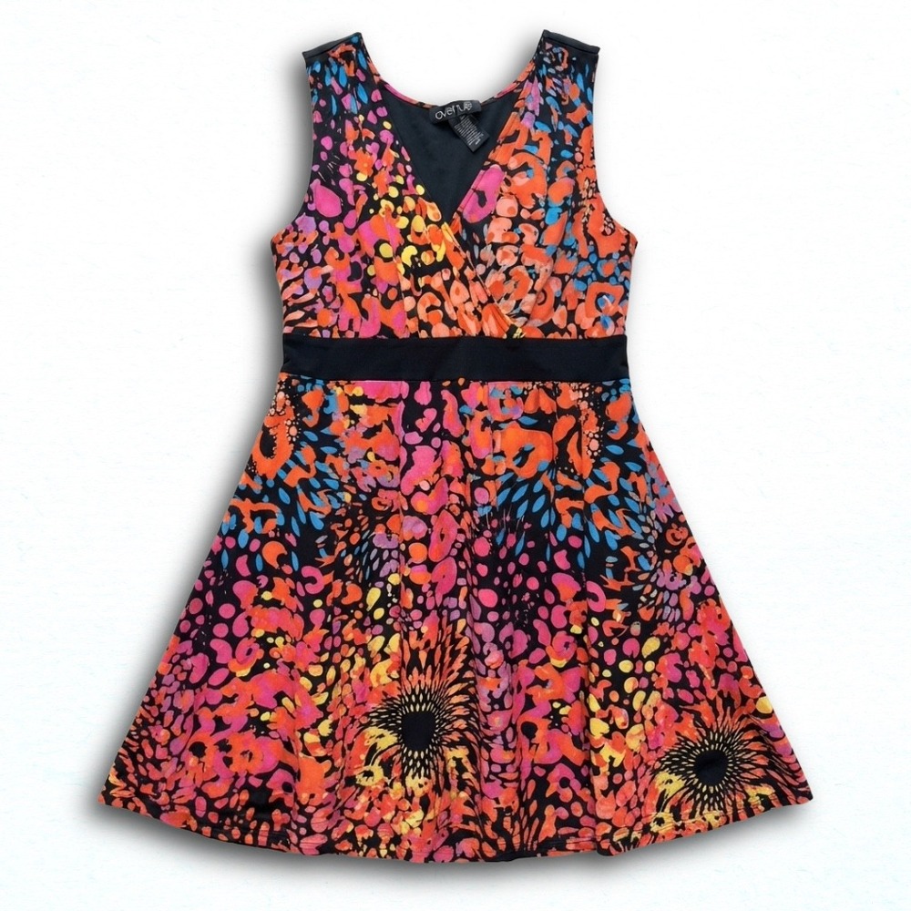 Lane Bryant Womens 28 Abstract Floral Leopard Print V-Neck Fit Flare Dress Black